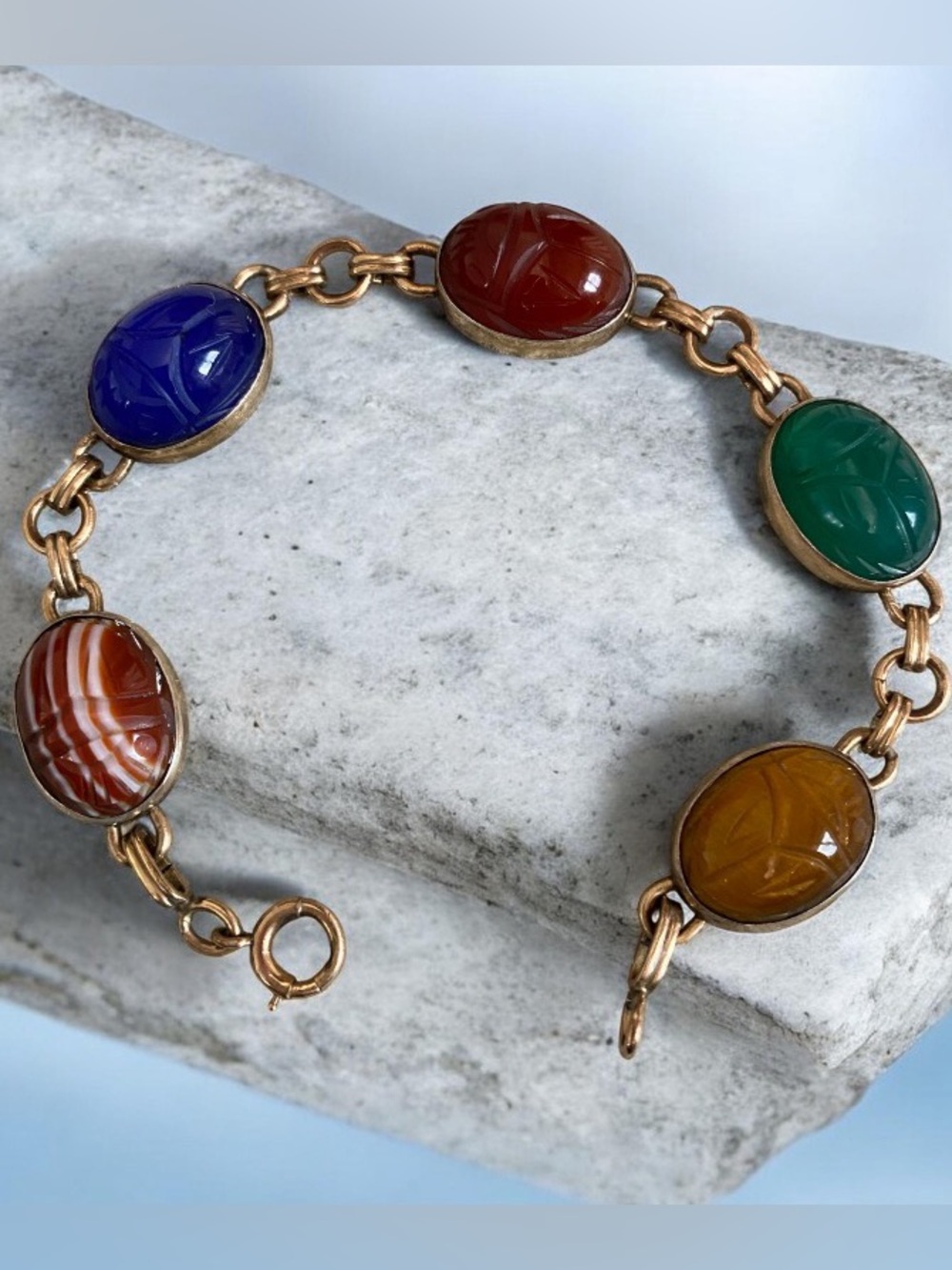 VTG Symmetalic Sterling 1/20 14K gold scarab gemstone bracelet